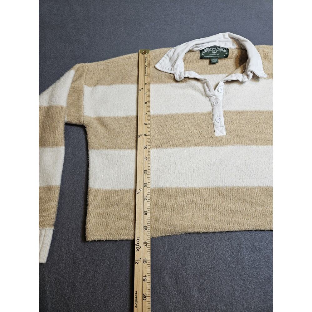 American Eagle Sweater Womens XS Tan White Striped Cropped Preppy Cozycore - Picture 6 of 7